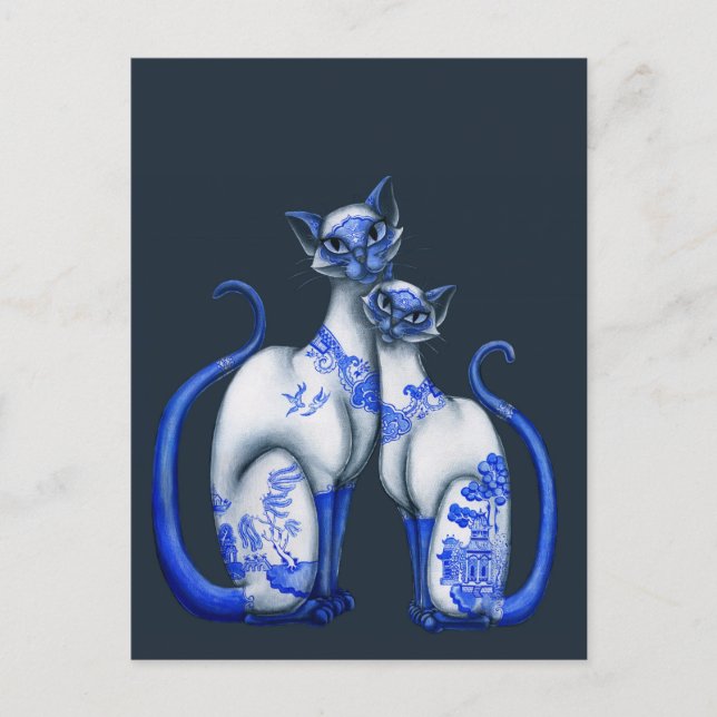 Blue Willow Siamese Cats Postcard (Front)