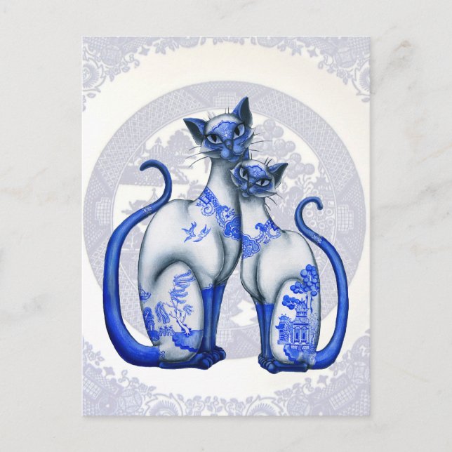 Blue Willow Siamese Cats Postcard (Front)