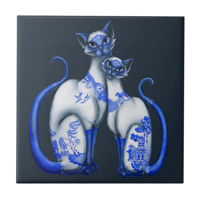 Blue Willow Siamese Cats Tile (Front)