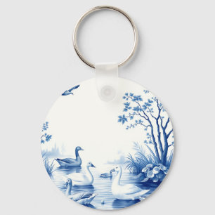 Blue Willow Swans Lake Scene Keychain
