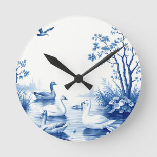 Blue Willow Swans Lake Scene Round Clock