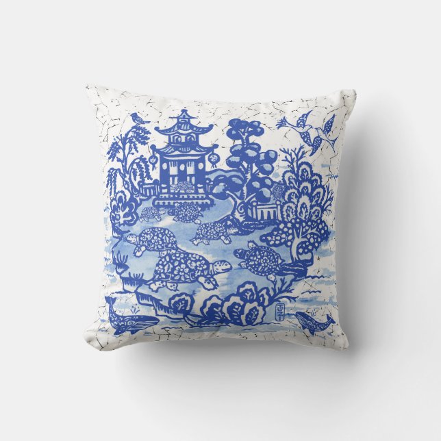 Blue Willow Turtle Tortoise Garden Whimsical Throw Pillow (Front)
