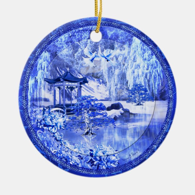 "Blue Willow World" Ceramic Ornament, Original Art Ornament (Front)