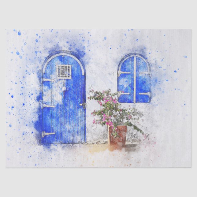Blue Window and Door Watercolor Decoupage Tissue Paper (Front)