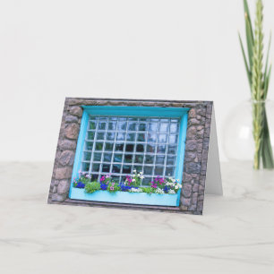 Blue Window Box With Flowers Photograph Card