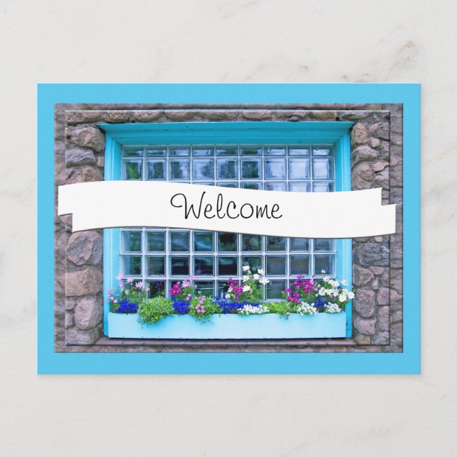 Blue Window Box With Flowers Photograph Custom Postcard (Front)