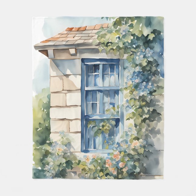 Blue Window Stone Wall Cottage Vines Fleece Blanket (Front)