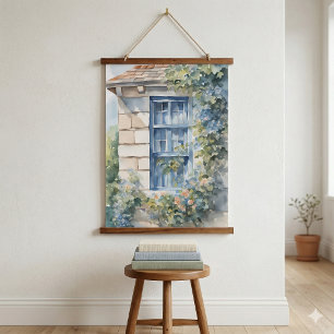 Blue Window Stone Wall Cottage Vines Hanging Tapestry