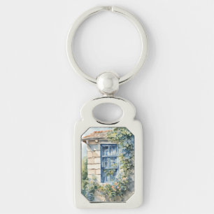 Blue Window Stone Wall Cottage Vines Keychain