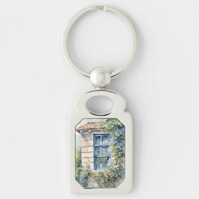 Blue Window Stone Wall Cottage Vines Keychain (Front)
