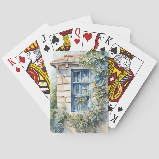 Blue Window Stone Wall Cottage Vines Playing Cards (Back)