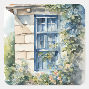 Blue Window Stone Wall Cottage Vines Square Sticker