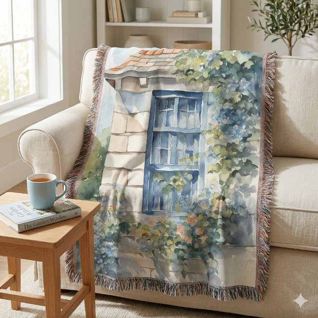 Blue Window Stone Wall Cottage Vines Throw Blanket (Blue Window Stone Wall Cottage Vines Throw Blanket C)