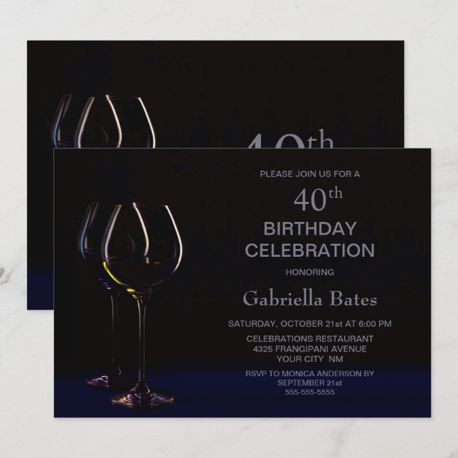 Blue Wine Glass 40th Birthday Party Invitation (Front/Back)