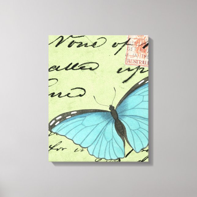 Blue-Winged Butterfly on Teal Postcard Canvas Print (Front)