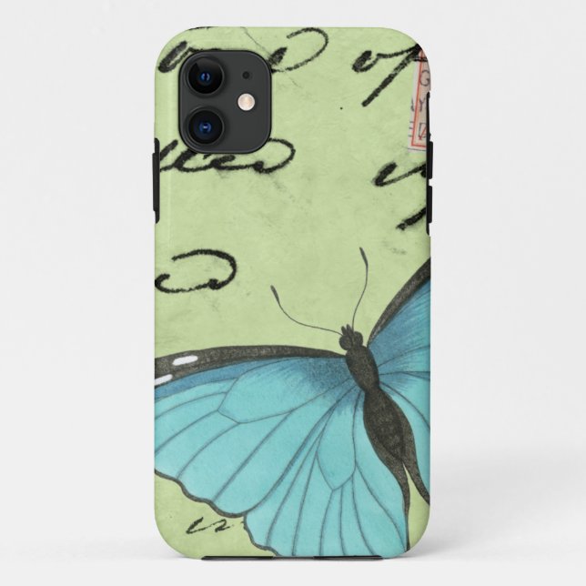 Blue-Winged Butterfly on Teal Postcard Case-Mate iPhone Case (Back)