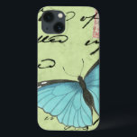 Blue-Winged Butterfly on Teal Postcard iPhone 13 Case<br><div class="desc">This teal postcard carries a message of beauty. A delicate blue-winged butterfly rests on the card, obscuring some of the script it contains. This Vision Studio print would make a great addition to your home!</div>