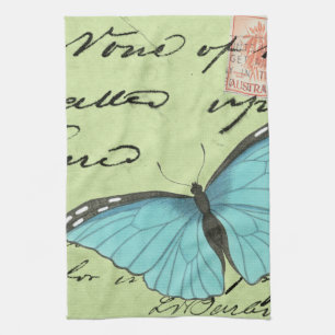 Blue-Winged Butterfly on Teal Postcard Kitchen Towel