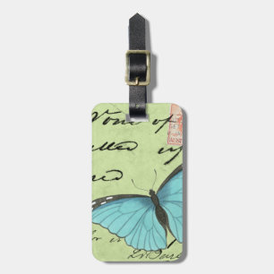 Blue-Winged Butterfly on Teal Postcard Luggage Tag