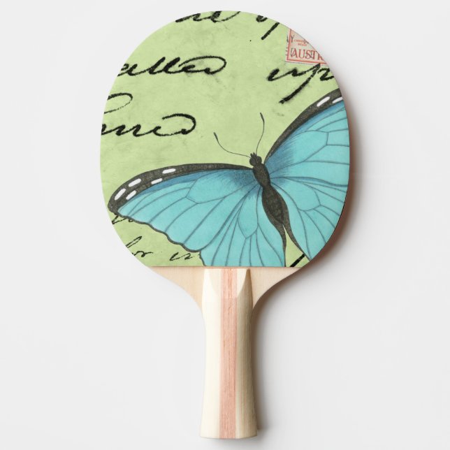 Blue-Winged Butterfly on Teal Postcard Ping Pong Paddle (Front)