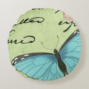 Blue-Winged Butterfly on Teal Postcard Round Pillow