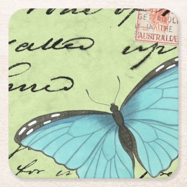Blue-Winged Butterfly on Teal Postcard Square Paper Coaster (Front)