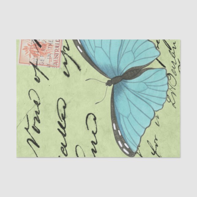 Blue-Winged Butterfly on Teal Postcard Tissue Paper (Front)