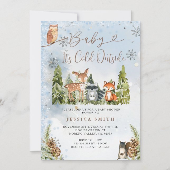 Blue Winter Animals Woodland Boy Baby Shower Invitation (Front)