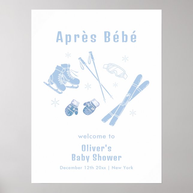 Blue Winter Après Bébé Ski Baby Shower Welcome Poster (Front)