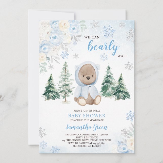 Blue Winter Bear Baby Shower Invitation (Front)