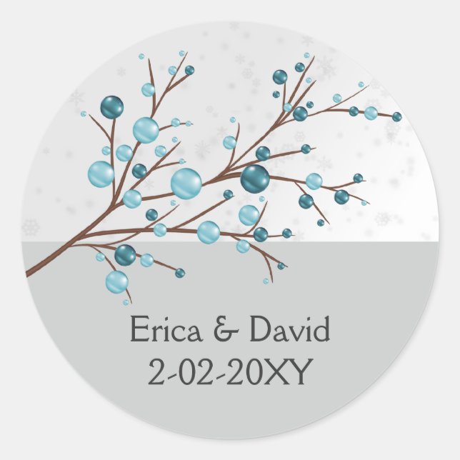 Blue Winter Berries,  Winter Wedding Stationery Classic Round Sticker (Front)