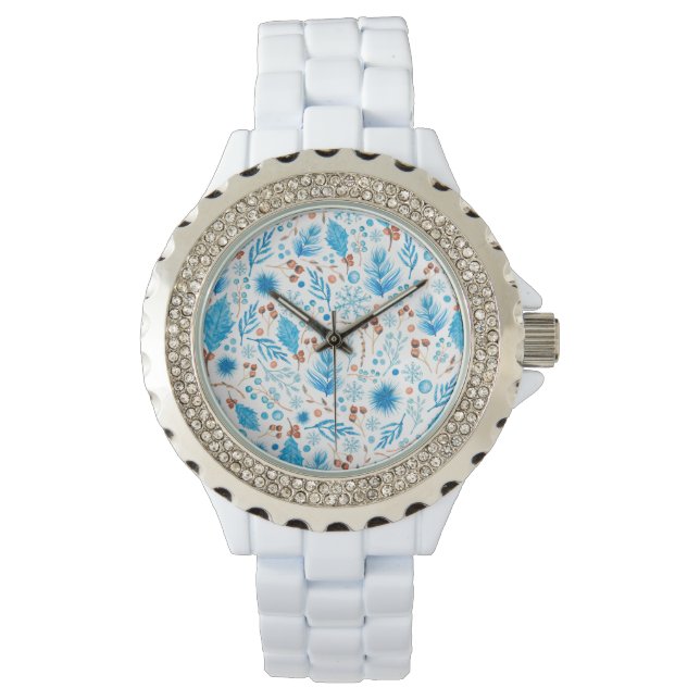 Blue Winter Botanical Pattern in Watercolor Watch (Front)