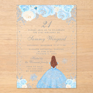 Blue Winter Brown Hair Princess Birthday Party Acrylic Invitations