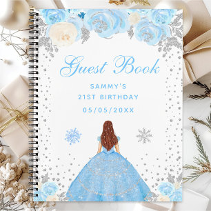 Blue Winter Brown Hair Princess Birthday Party Notebook
