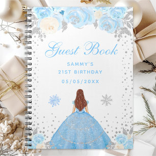 Blue Winter Brown Hair Princess Birthday Party Notebook