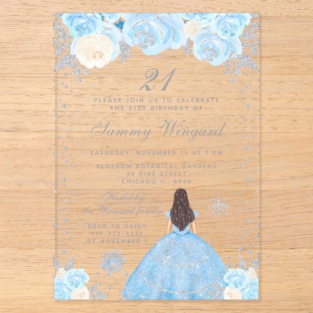 Blue Winter Brunette Hair Princess Birthday Party Acrylic Invitations (Front)