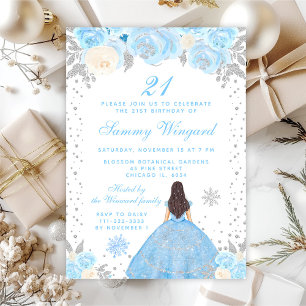 Blue Winter Brunette Hair Princess Birthday Party Invitation