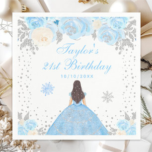 Blue Winter Brunette Hair Princess Birthday Party Napkin