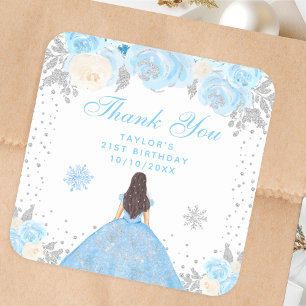 Blue Winter Brunette Hair Princess Birthday Party Square Sticker
