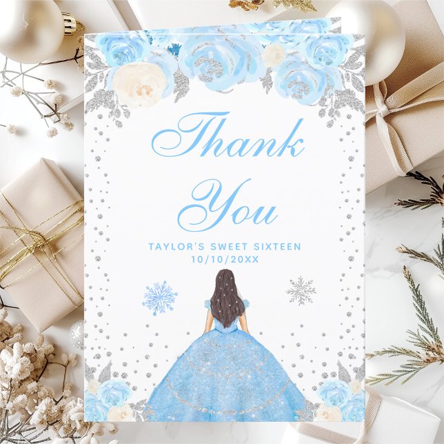 Blue Winter Brunette Hair Princess Sweet Sixteen Thank You Card (Creator Uploaded)