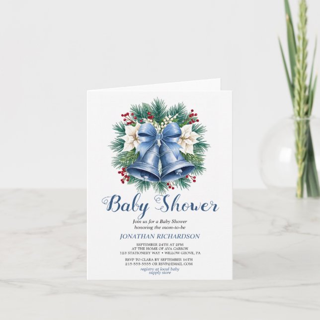 Blue Winter Christmas Bells baby shower Invitation (Front)