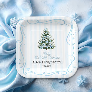 Blue Winter Christmas Tree Baby Shower Paper Plate