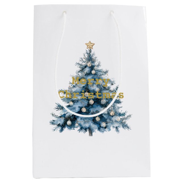 Blue Winter Christmas Tree Gold Star Medium Gift Bag (Front)