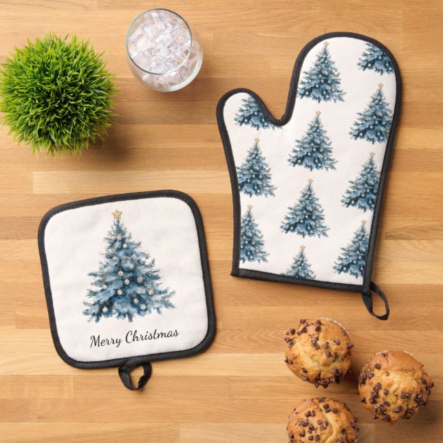 Blue Winter Christmas Tree Gold Star Oven Mitt & Pot Holder Set (Top Down)