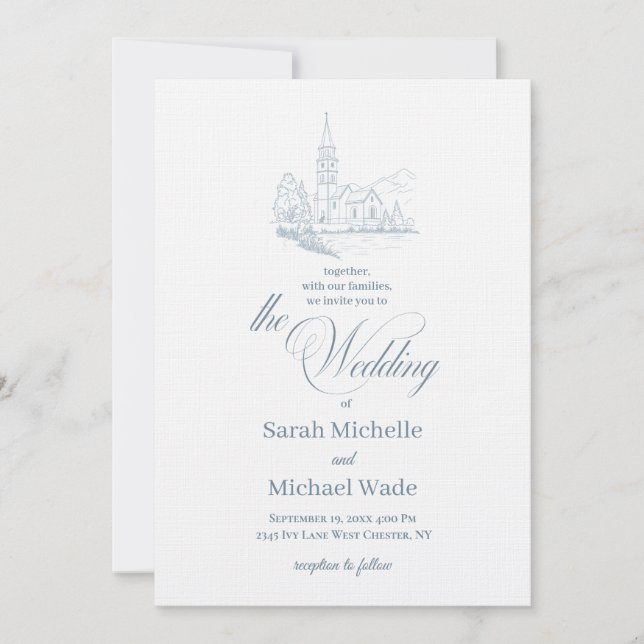 Blue Winter Church Calligraphy Wedding Invitation (Front)