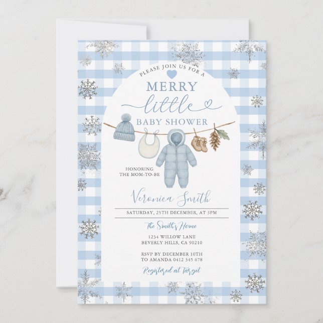 Blue Winter Clothesline Merry Little Baby Shower Invitation (Front)
