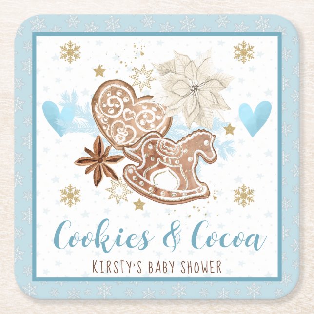 Blue Winter Cookies & Cocoa Baby Shower Square Paper Coaster (Front)