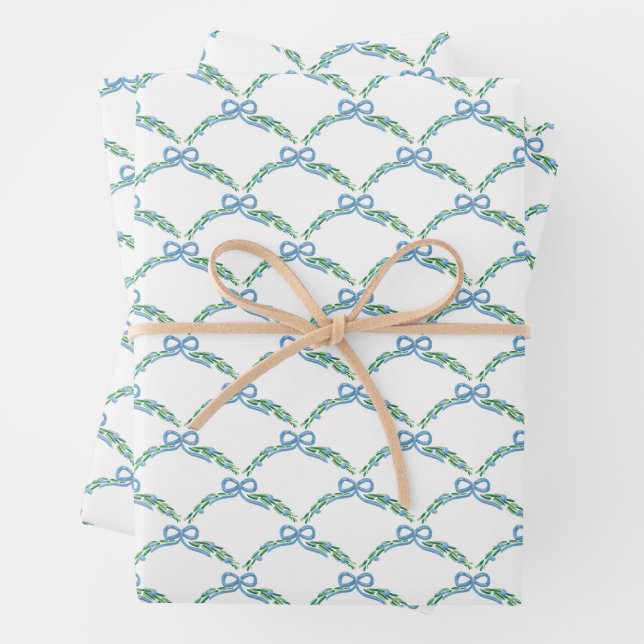 Blue Winter Coquette Coastal Bow Garland Wrapping Paper Sheet (In situ)