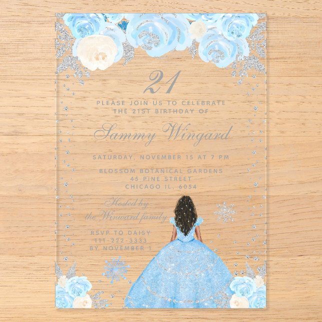 Blue Winter Dark Skin Princess Birthday Party Acrylic Invitations (Front)