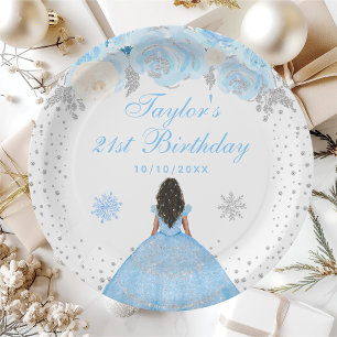 Blue Winter Dark Skin Princess Birthday Party Paper Plate